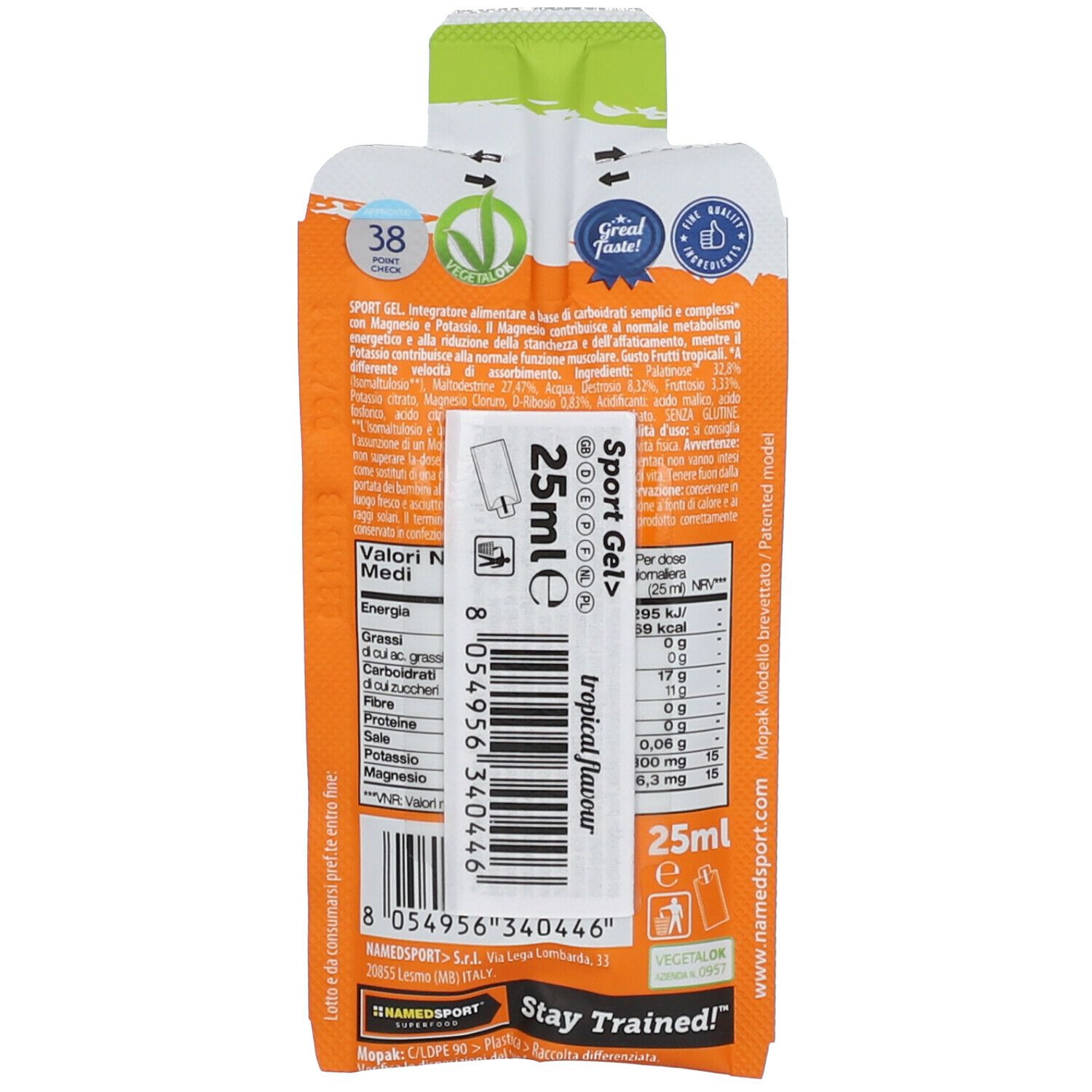 Retro confezione gel NAMEDSPORT® Sport Gel> gusto tropicale. Contiene informazioni nutrizionali e codice a barre. 25ml.