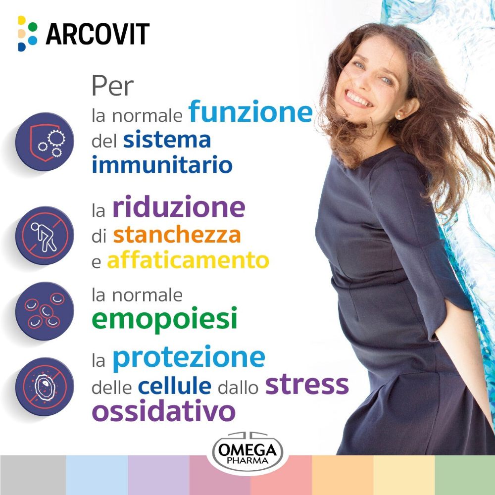 Immagine pubblicitaria. Donna sorridente. Testo: normale funzione immunitaria, riduzione stanchezza, normale emopoiesi, protezione cellule.