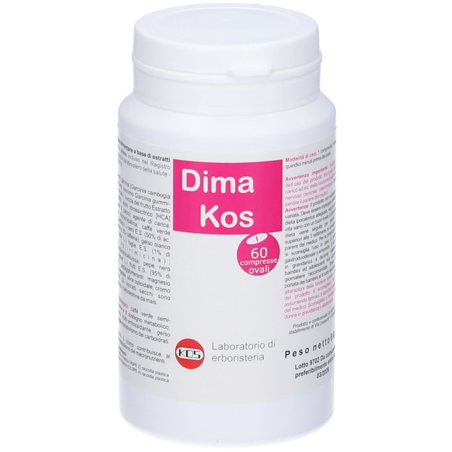 Flacone bianco con etichetta rosa. Scritta Dima-Kos, 60 compresse ovali. Logo KOS.