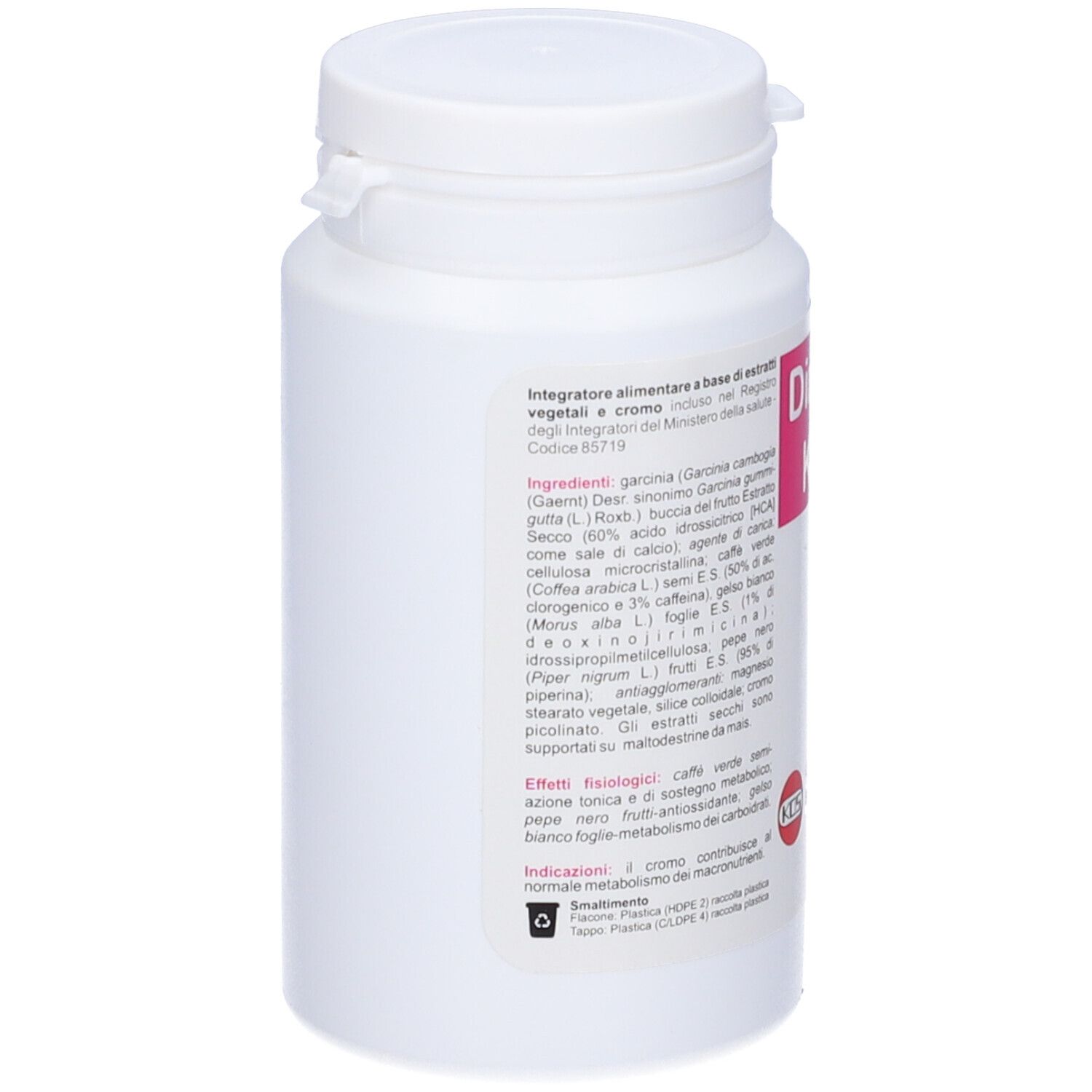 Flacone bianco con tappo bianco. Retro con testo. Logo KOS.