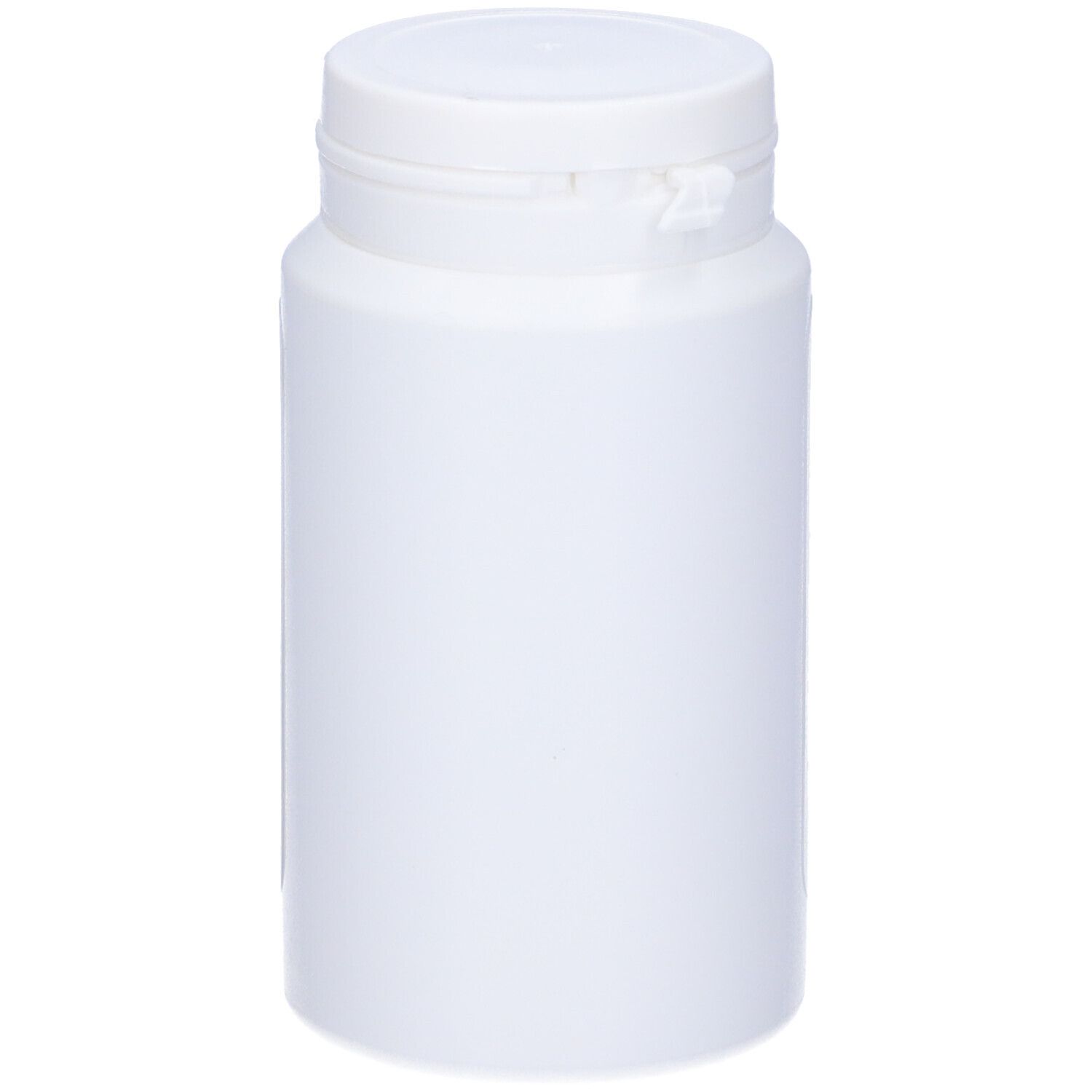 Flacone bianco con tappo bianco. Nessuna scritta visibile.