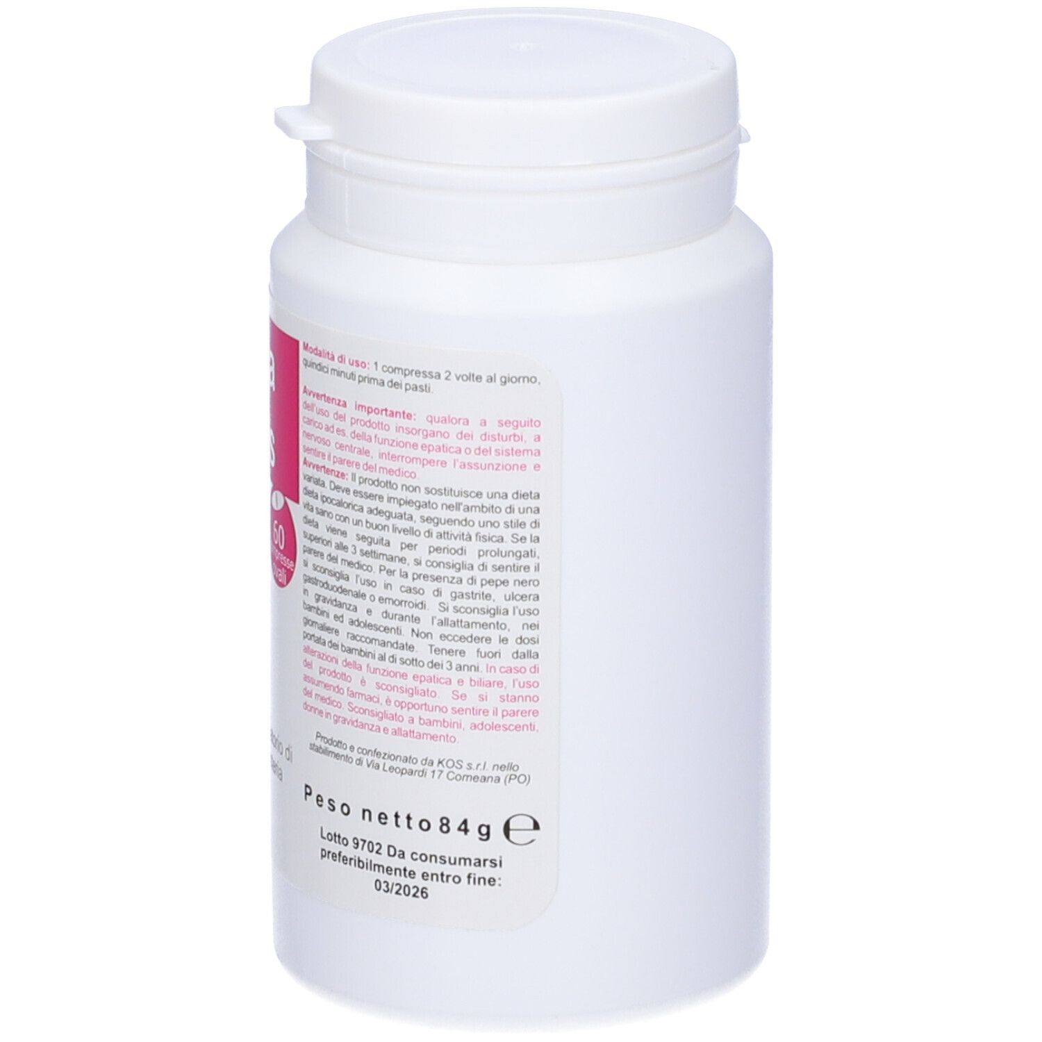 Flacone bianco con tappo bianco. Retro con testo. Logo KOS.