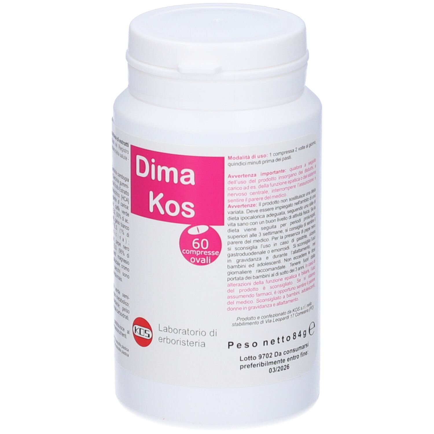 Flacone bianco con etichetta rosa. Scritta Dima-Kos, 60 compresse ovali. Logo KOS.