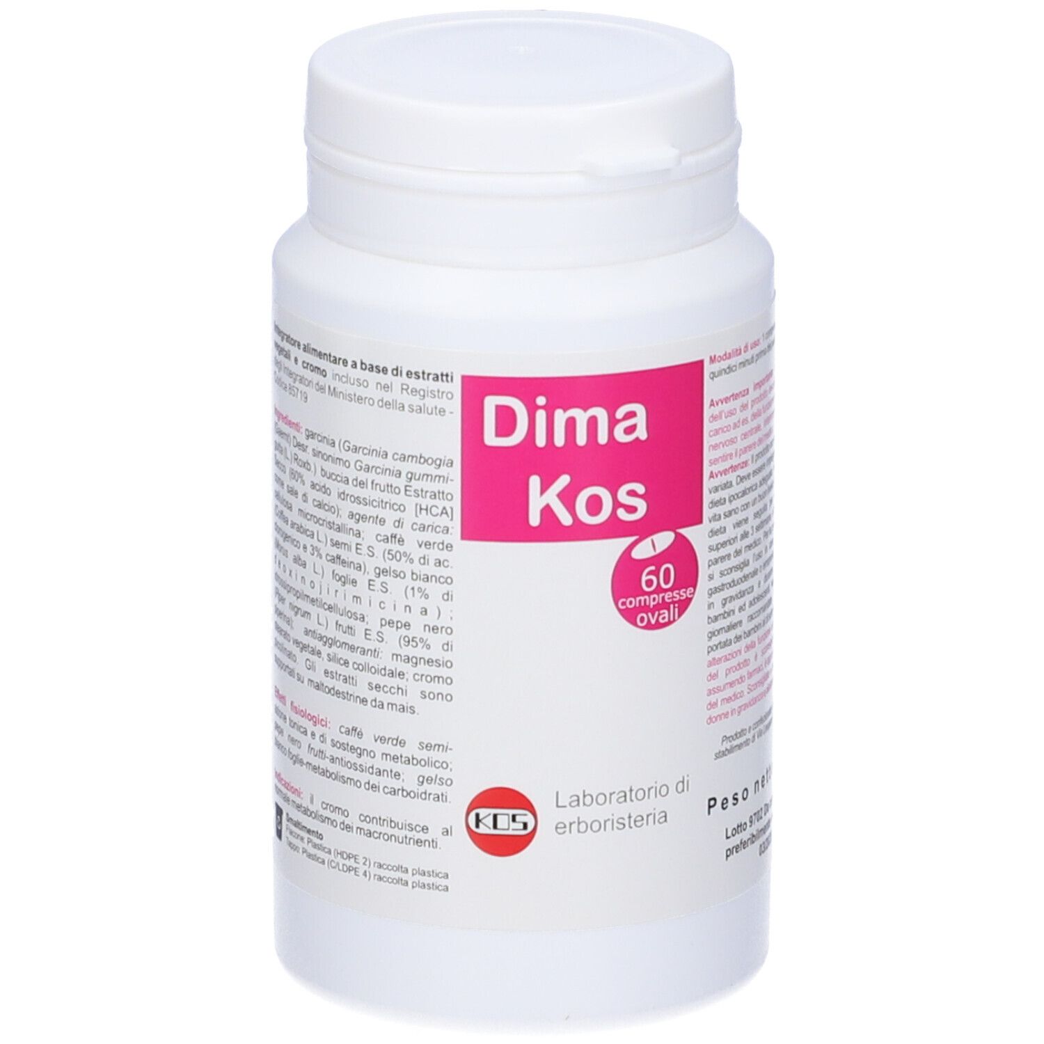 Flacone bianco con etichetta rosa. Scritta Dima-Kos, 60 compresse ovali. Logo KOS.