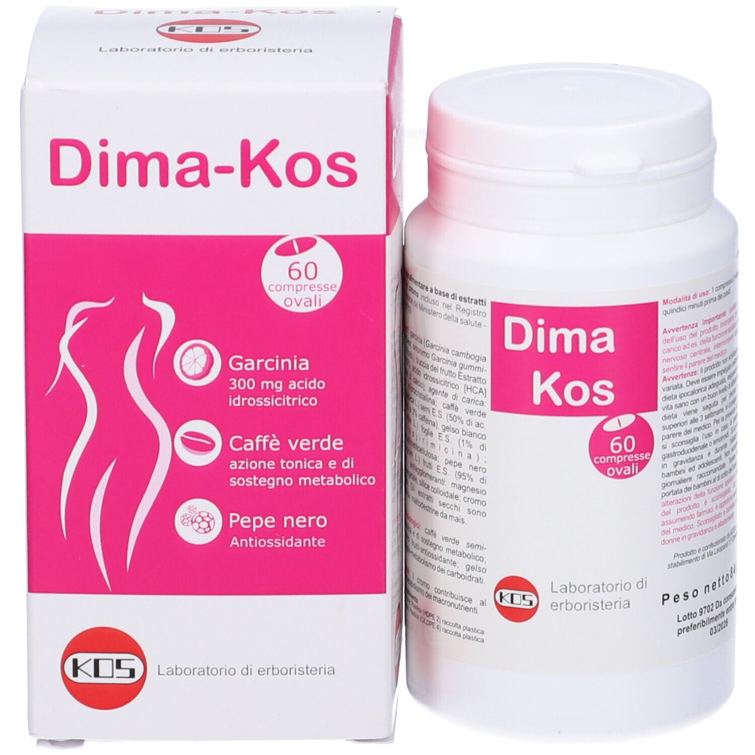 Confezione e flacone. Scritta Dima-Kos, 60 compresse ovali. Logo KOS.