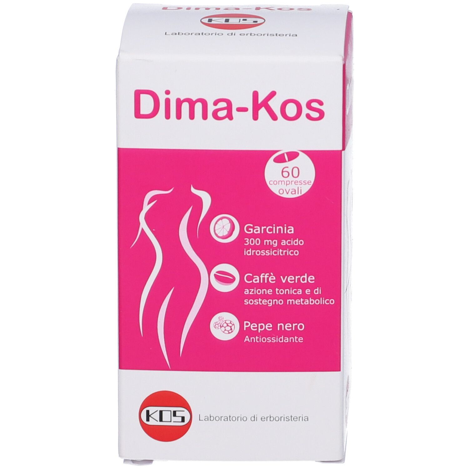 Confezione rosa. Scritta Dima-Kos, 60 compresse ovali. Logo KOS.
