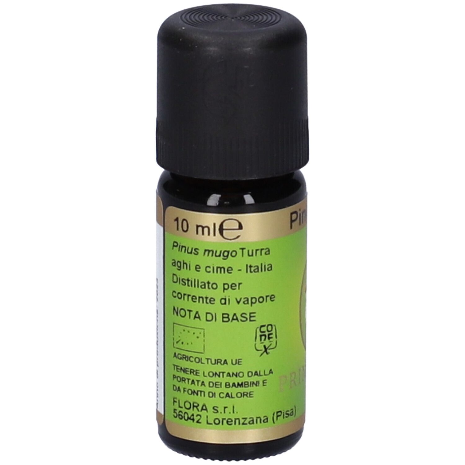 Flacone di vetro marrone con tappo nero. Etichetta con nome del prodotto, ingredienti e marchio Primavera.