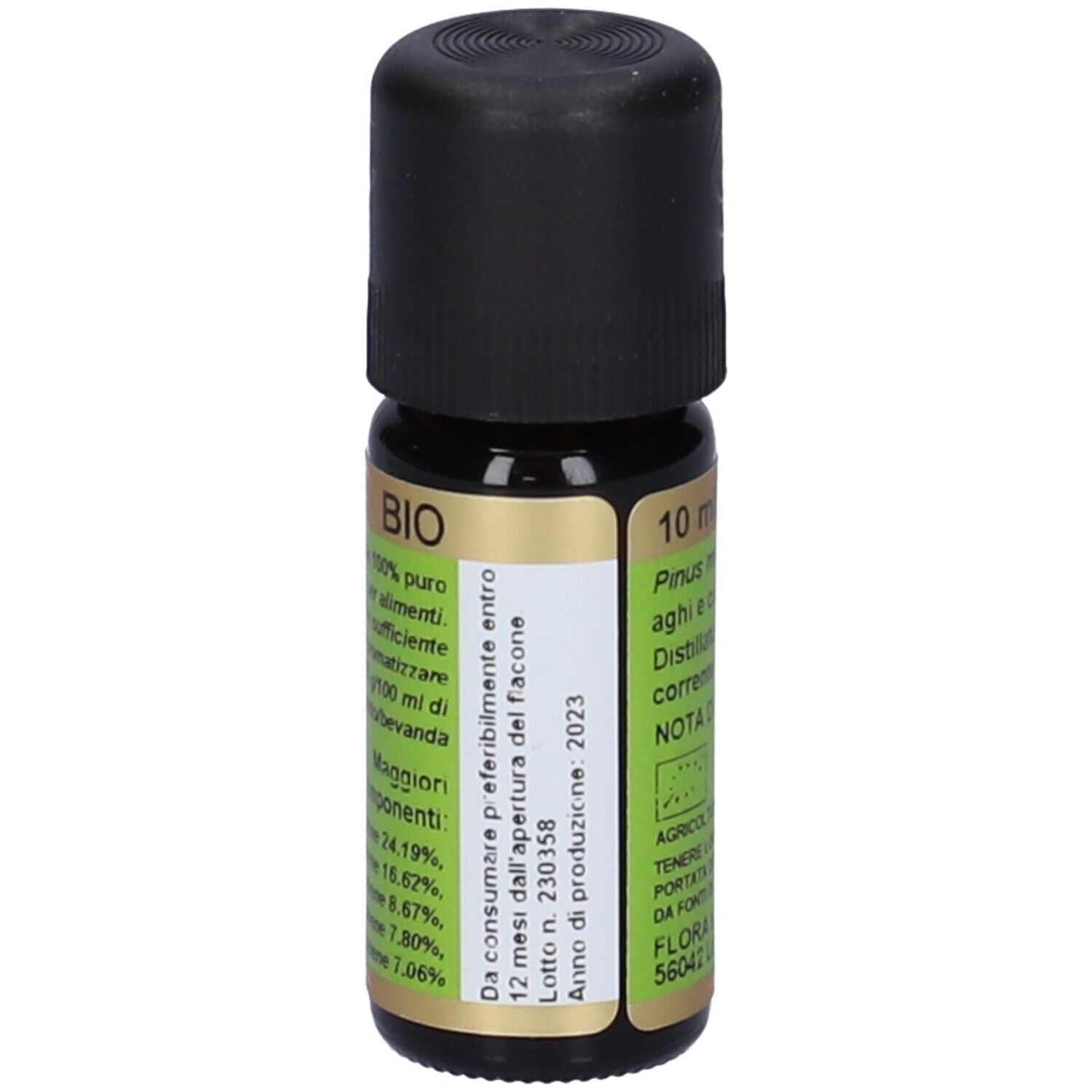 Flacone di vetro marrone con tappo nero. Etichetta con nome del prodotto, sigillo BIO e ingredienti.