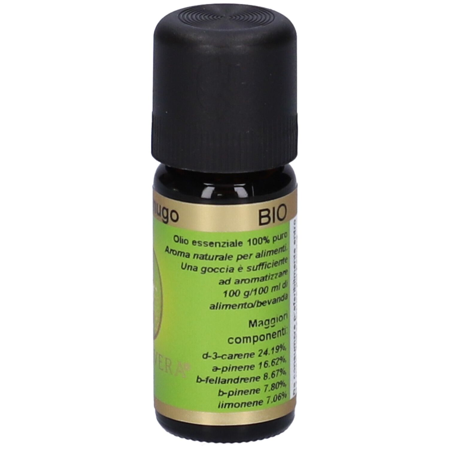 Flacone di vetro marrone con tappo nero. Etichetta con nome del prodotto, sigillo BIO e ingredienti.