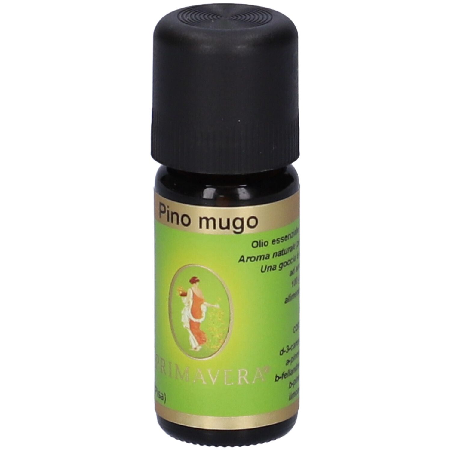 Flacone di vetro marrone con tappo nero. Etichetta con nome del prodotto, illustrazione e marchio Primavera.