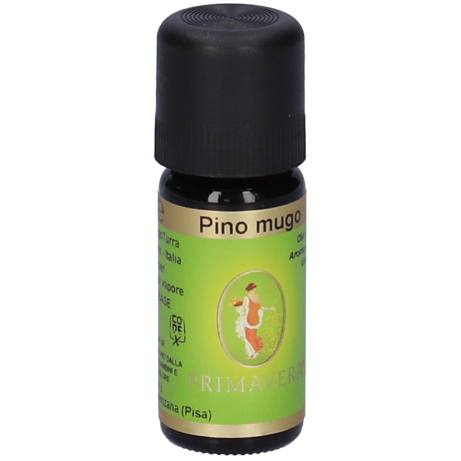 Flacone di vetro marrone con tappo nero. Etichetta con nome del prodotto, illustrazione e marchio Primavera.