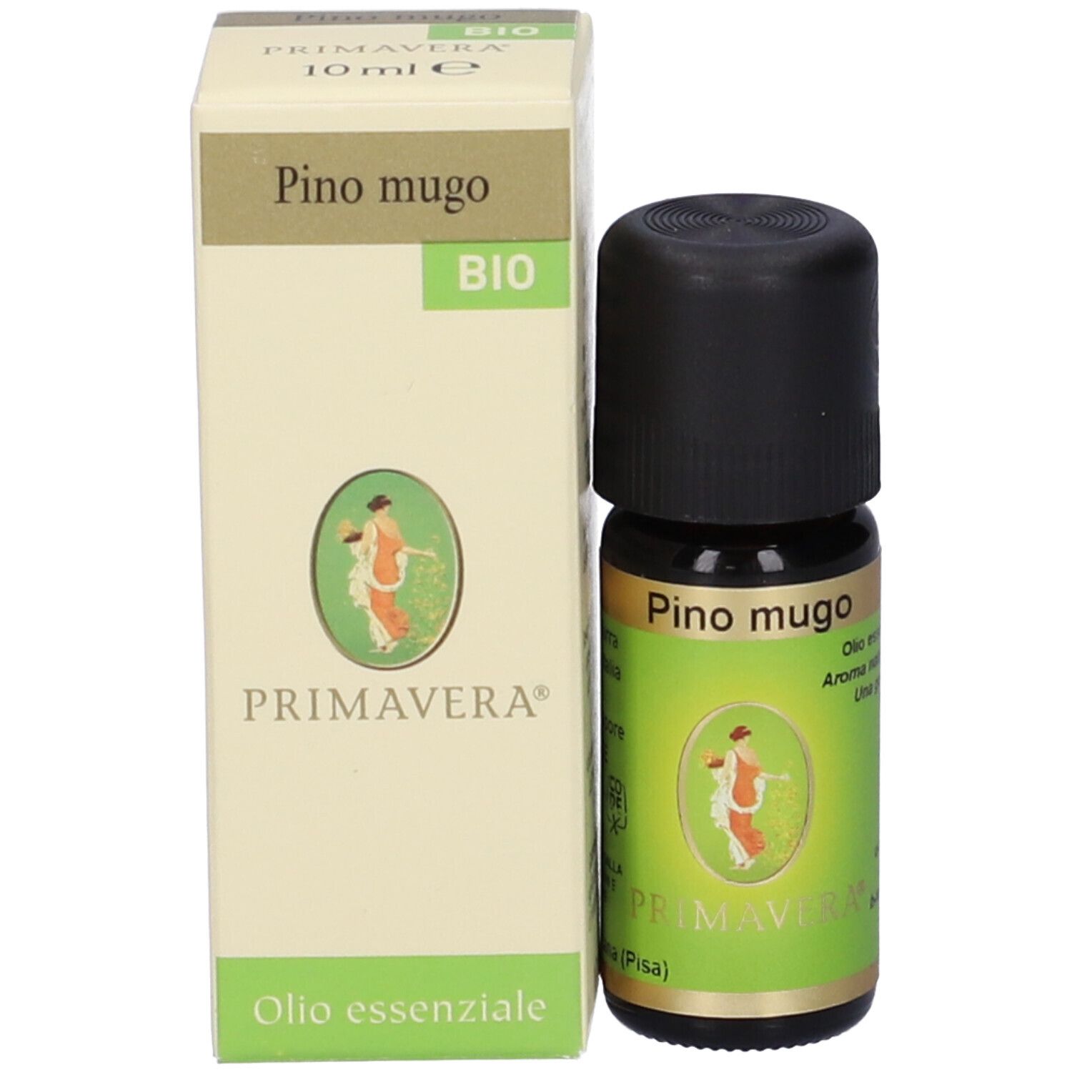 Flacone di vetro marrone e scatola di cartone. Sulla scatola: nome del prodotto, sigillo BIO e marchio Primavera.