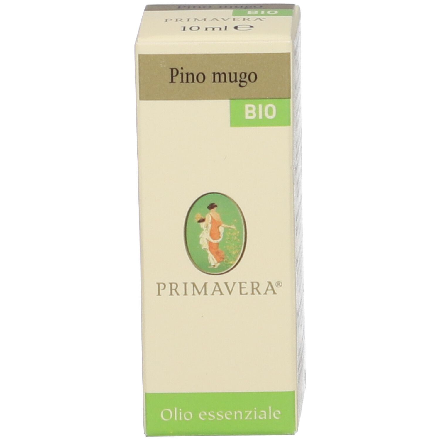 Scatola di cartone con nome del prodotto, sigillo BIO e marchio Primavera. Scritta: Olio essenziale.