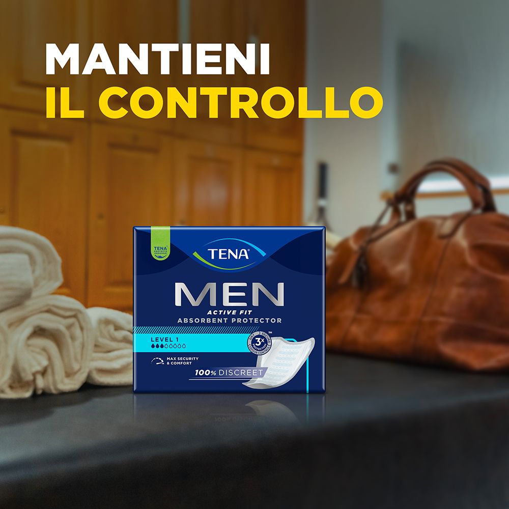 Confezione del prodotto su una superficie. Testo: MANTIENI IL CONTROLLO. TENA MEN Active Fit, Livello 1.