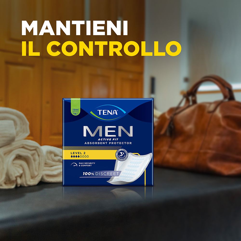 Confezione Tena Men Active Fit su una superficie. Mostra il livello 2 e la protezione 3x. Scritta: MANTIENI IL CONTROLLO.