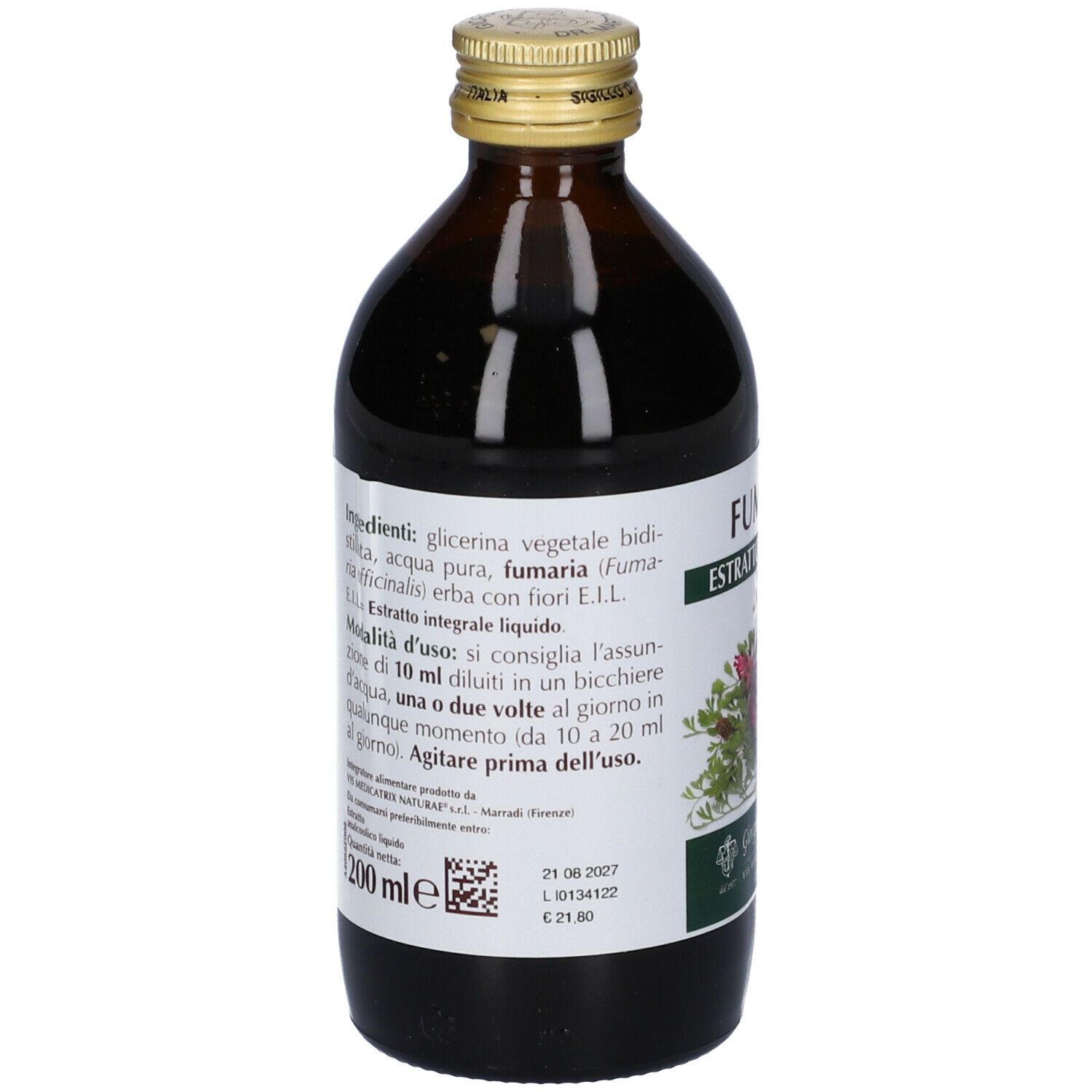 Bottiglia di vetro marrone con tappo dorato. Retro con testo ed etichetta. 200 ml.