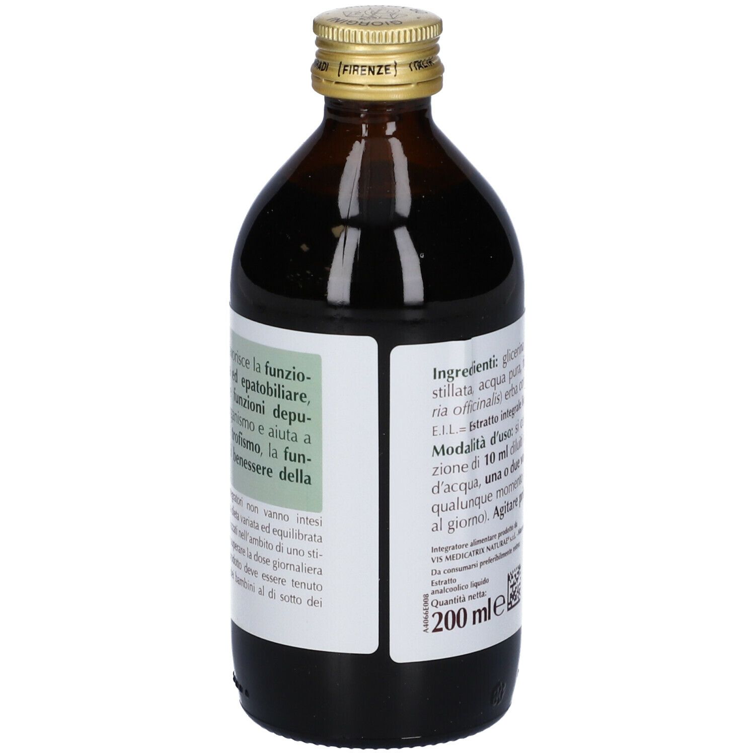 Bottiglia di vetro marrone con tappo dorato. Retro con testo ed etichetta. 200 ml.