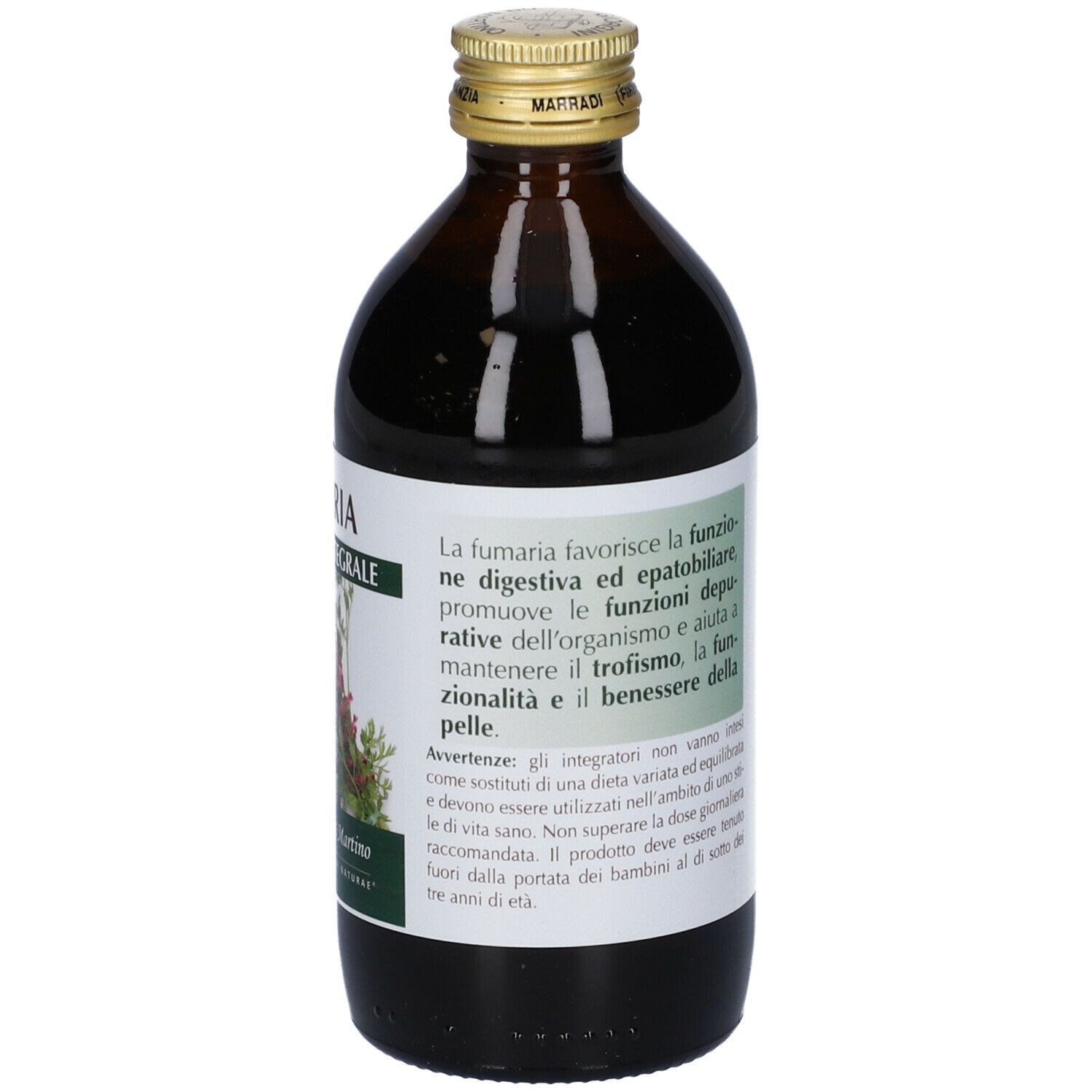 Bottiglia di vetro marrone con tappo dorato. Retro con testo ed etichetta. 200 ml.