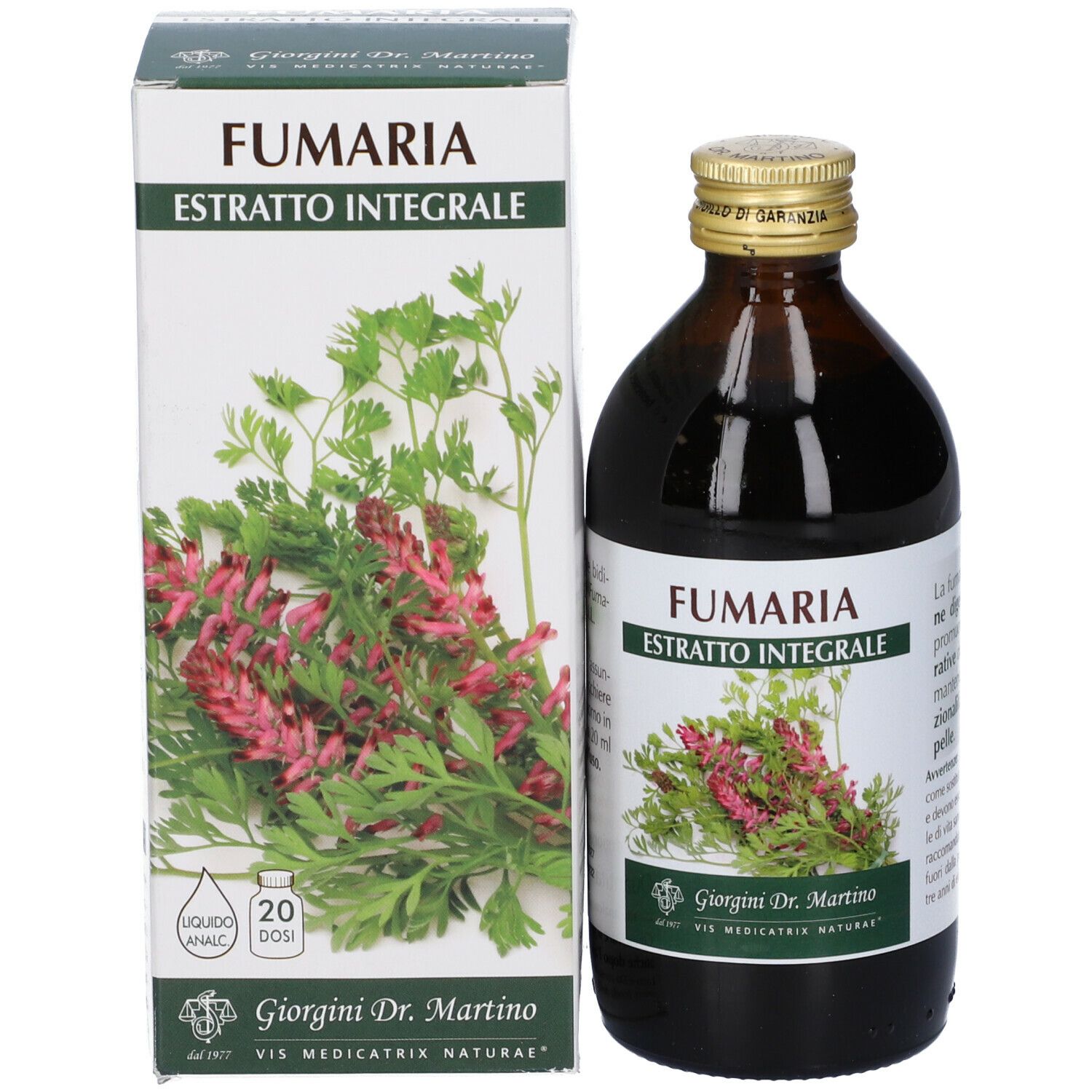 Bottiglia e scatola. Scritta: Fumaria Estratto Integrale. Illustrazione vegetale. 20 dosi.