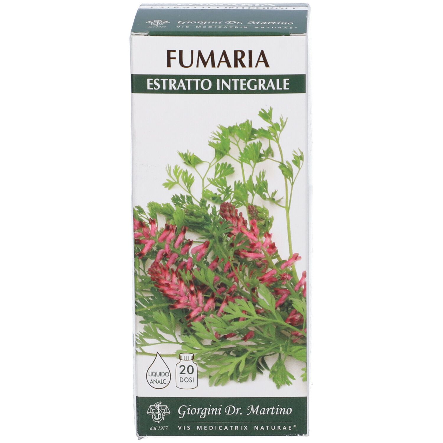 Scatola. Scritta: Fumaria Estratto Integrale. Illustrazione vegetale. 20 dosi.