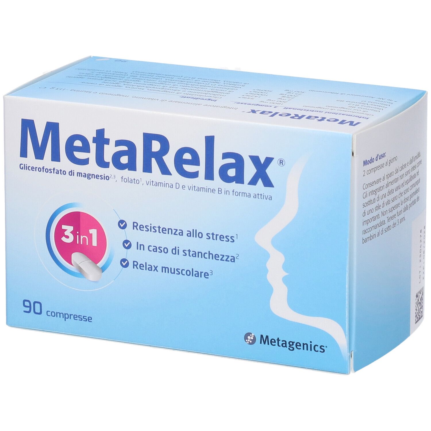 Confezione MetaRelax. Scatola blu con nome prodotto e ingredienti. 90 compresse. Logo Metagenics.