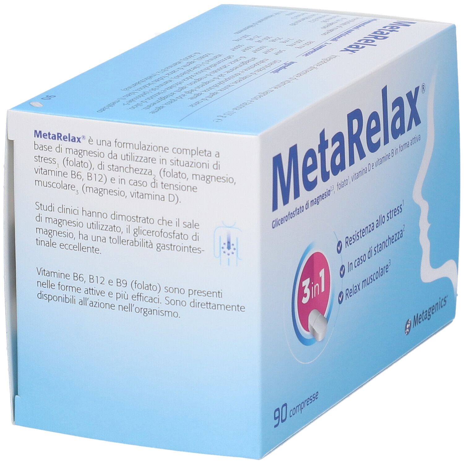 Confezione MetaRelax. Scatola blu con nome prodotto e ingredienti. 90 compresse. Logo Metagenics. Testo.