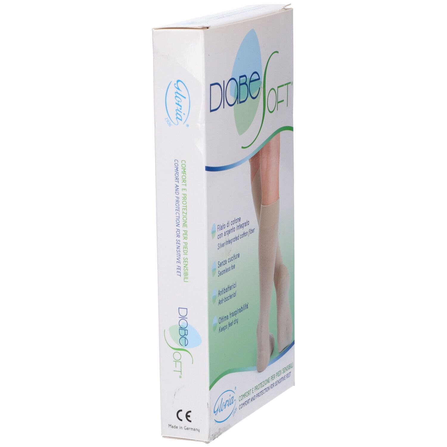Vista laterale della confezione Diabesoft. Testo: Diabesoft, Gloria. Illustrazione di calze. Marchio CE.