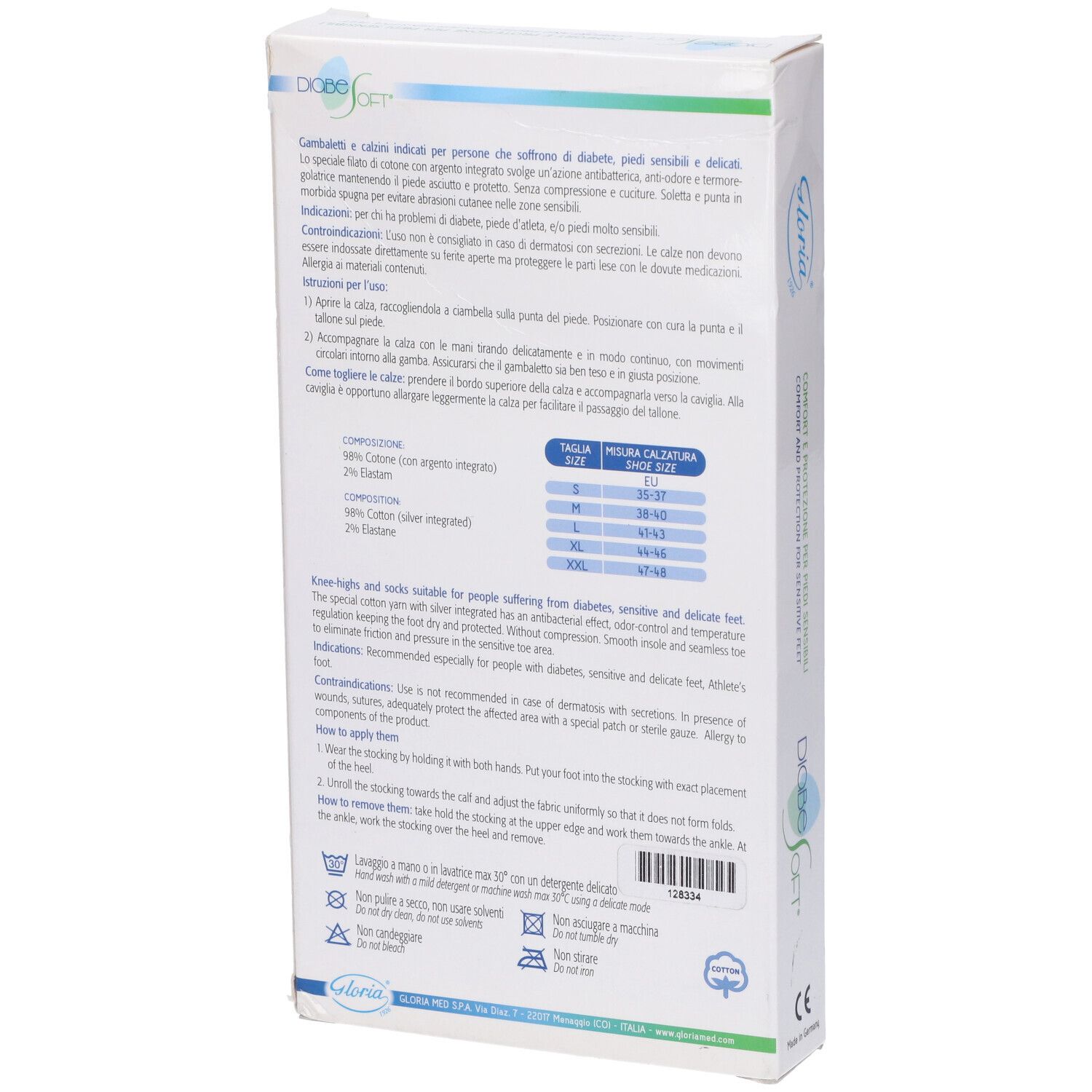 Retro della confezione Diabesoft. Testo: Diabesoft, Gloria. Informazioni sulle calze. Tabella taglie.