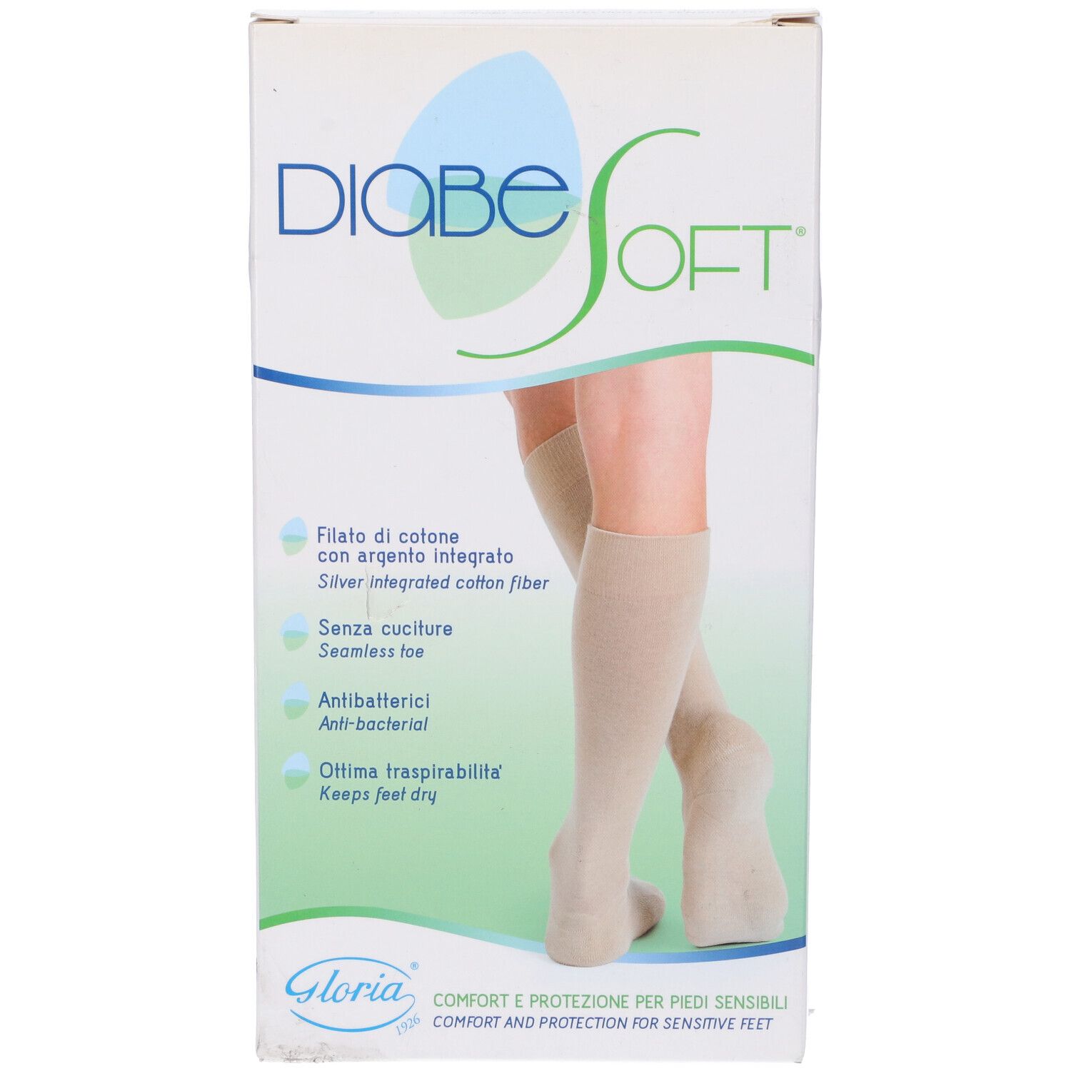 Confezione di calze Diabesoft. Calze beige raffigurate sulla confezione. Testo: Filato di cotone con argento integrato.