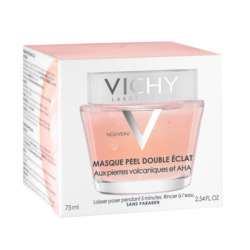 Maschera Vichy in confezione. Scatola bianca con immagine del prodotto. Testo: VICHY, MASQUE PEEL DOUBLE ÉCLAT, 75 ml.