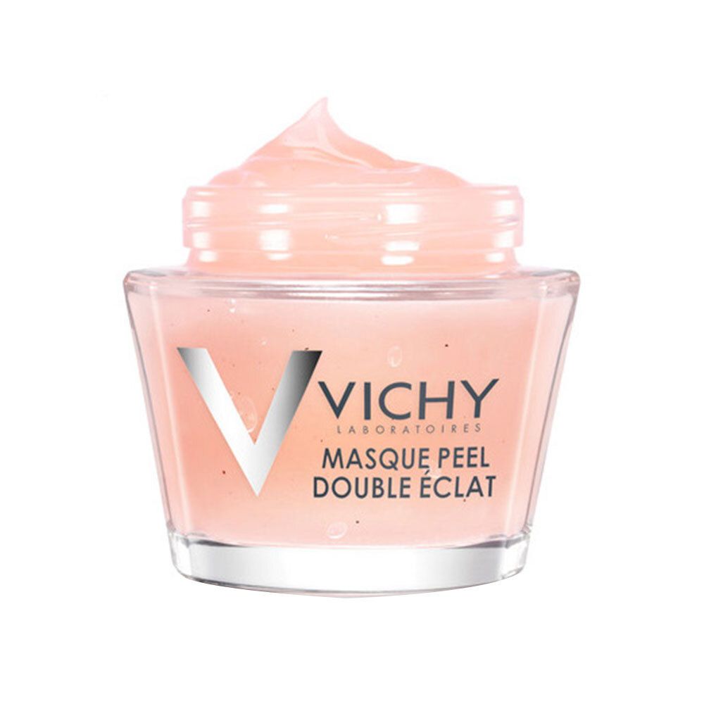 Maschera Vichy in contenitore trasparente. Maschera rosa con testo: VICHY, MASQUE PEEL DOUBLE ÉCLAT.