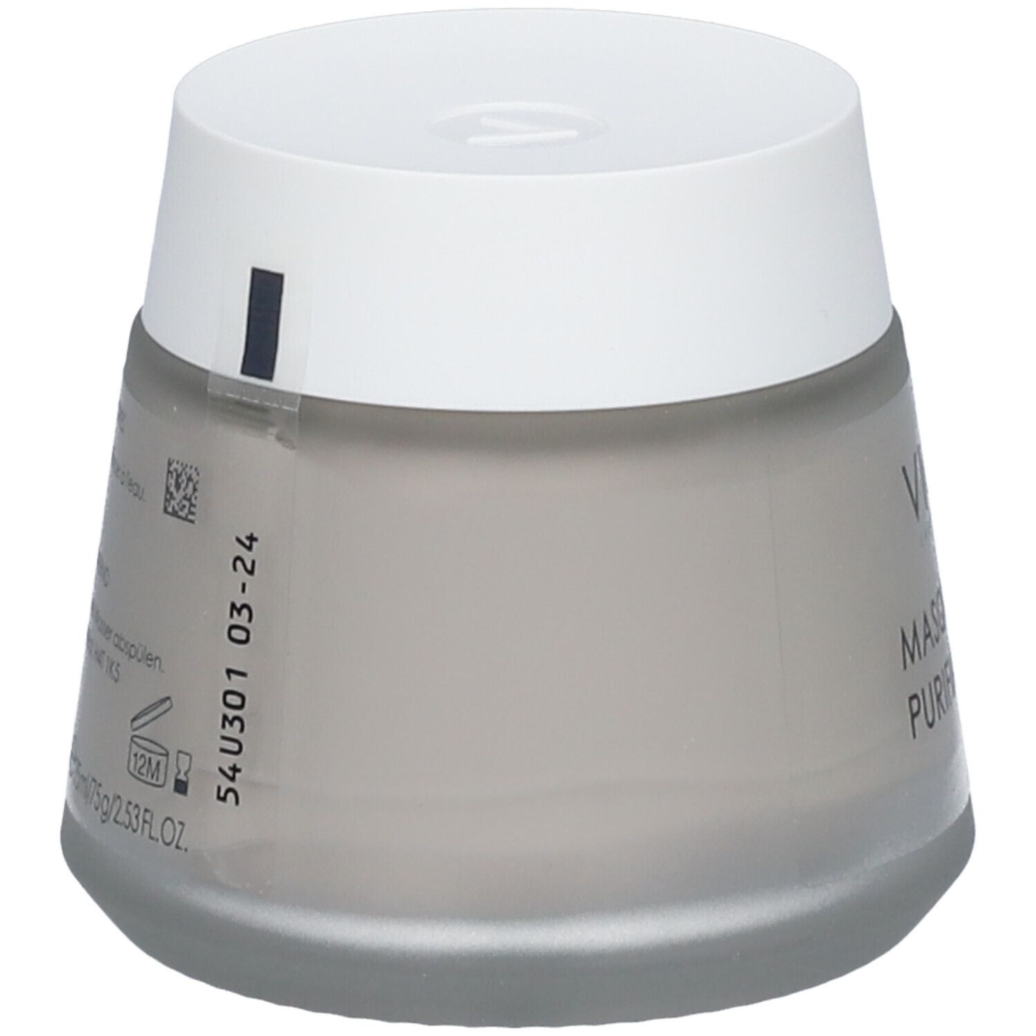 Maschera viso Vichy in vasetto grigio. Scritta: Masque Argile Purifiant Pores. Coperchio bianco. Logo Vichy. Informazioni prodotto.