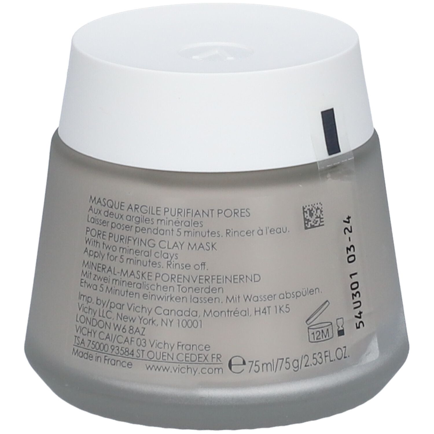 Maschera viso Vichy in vasetto grigio. Scritta: Masque Argile Purifiant Pores. Coperchio bianco. Logo Vichy. Informazioni prodotto.