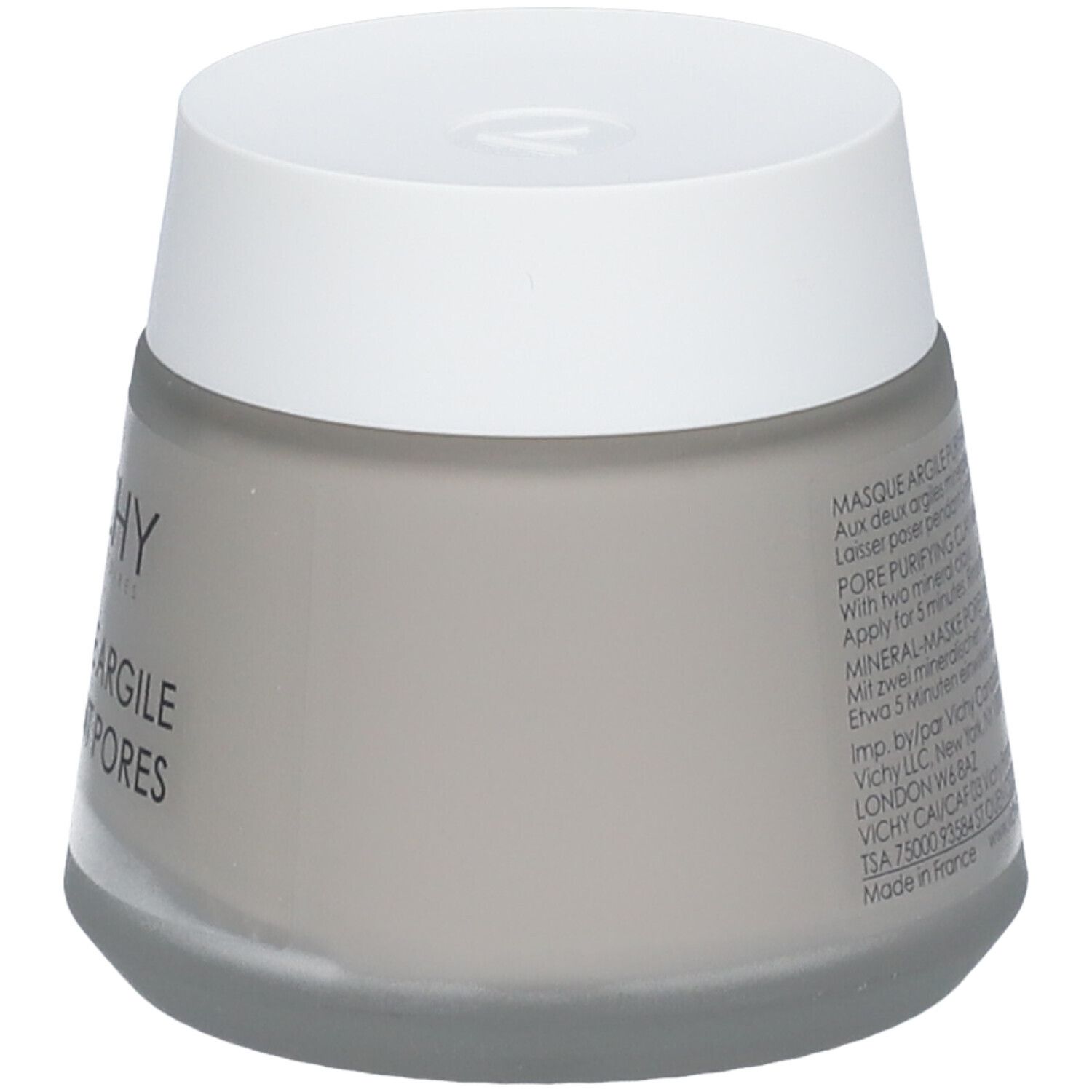 Maschera viso Vichy in vasetto grigio. Scritta: Masque Argile Purifiant Pores. Coperchio bianco. Logo Vichy. Informazioni prodotto.