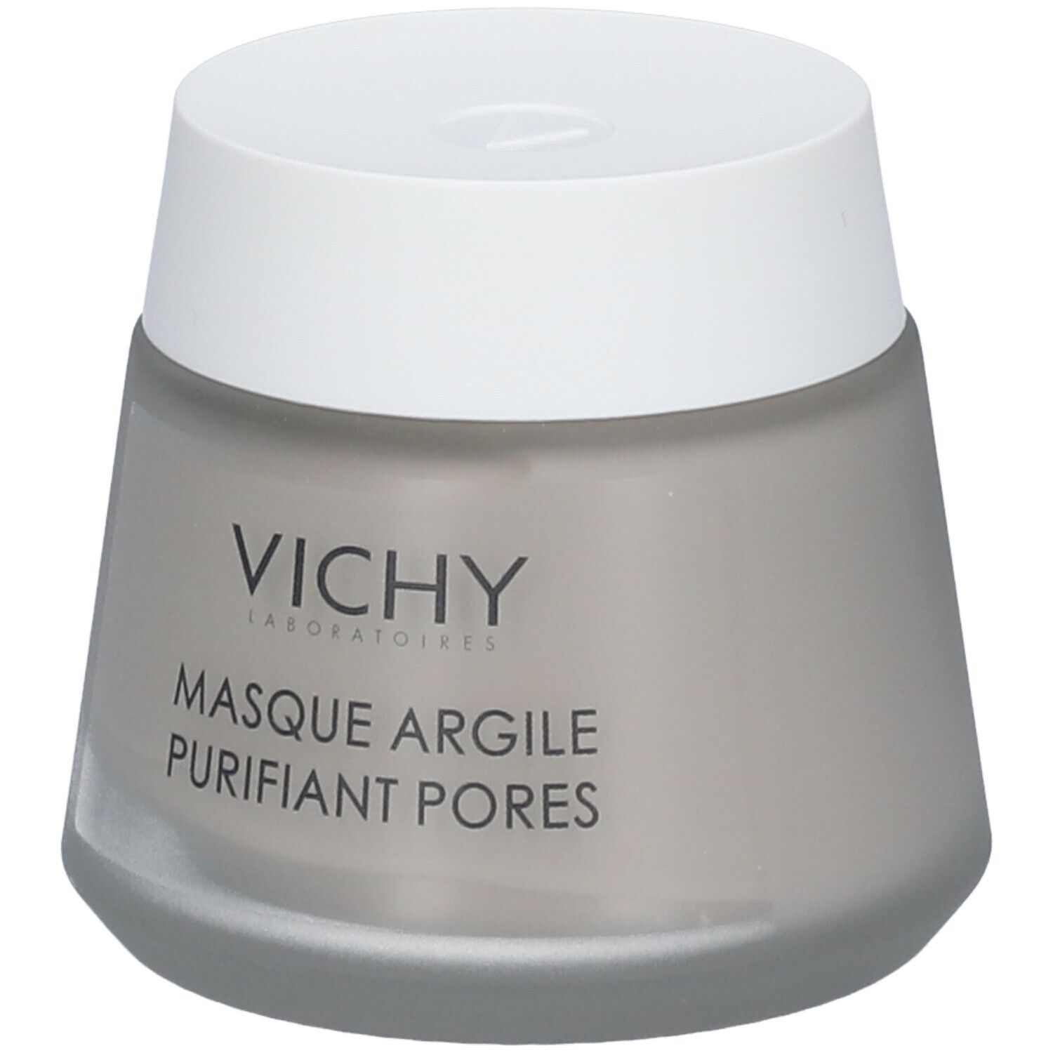Maschera viso Vichy in vasetto grigio. Scritta: Masque Argile Purifiant Pores. Coperchio bianco. Logo Vichy.