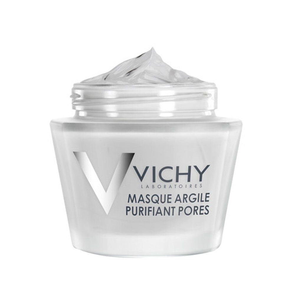 Maschera viso Vichy aperta in vasetto bianco. Scritta: Masque Argile Purifiant Pores. Coperchio bianco. Logo Vichy. Maschera visibile.