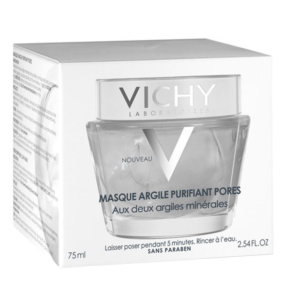 Maschera viso Vichy in confezione. Scritta: Masque Argile Purifiant Pores. Scatola bianca. Logo Vichy. Informazioni prodotto.