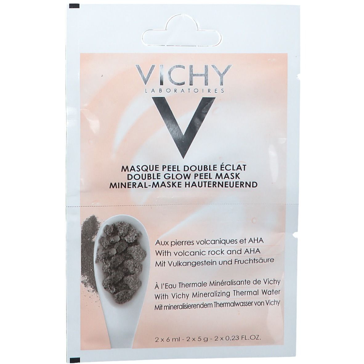 Vichy Peelingmaske in confezione singola. Logo e nome visibili. Testo: "Masque Peel Double Éclat". Illustrazione degli ingredienti.