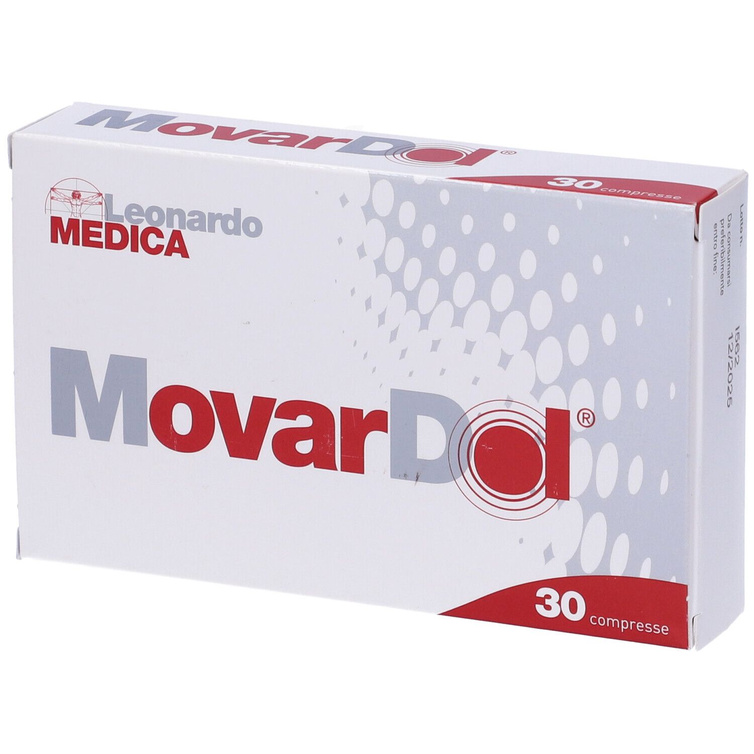 Scatola "Movardol" con "30 compresse". Marchio: Leonardo Medica. Bianco, rosso e punti grigi.
