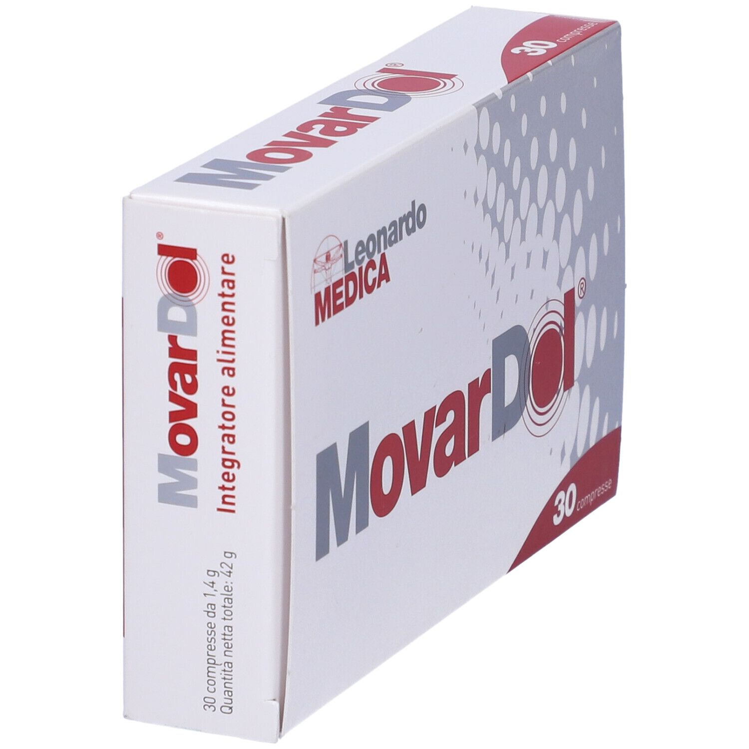 Scatola "Movardol" con "30 compresse". Marchio: Leonardo Medica. Bianco, rosso e punti grigi.
