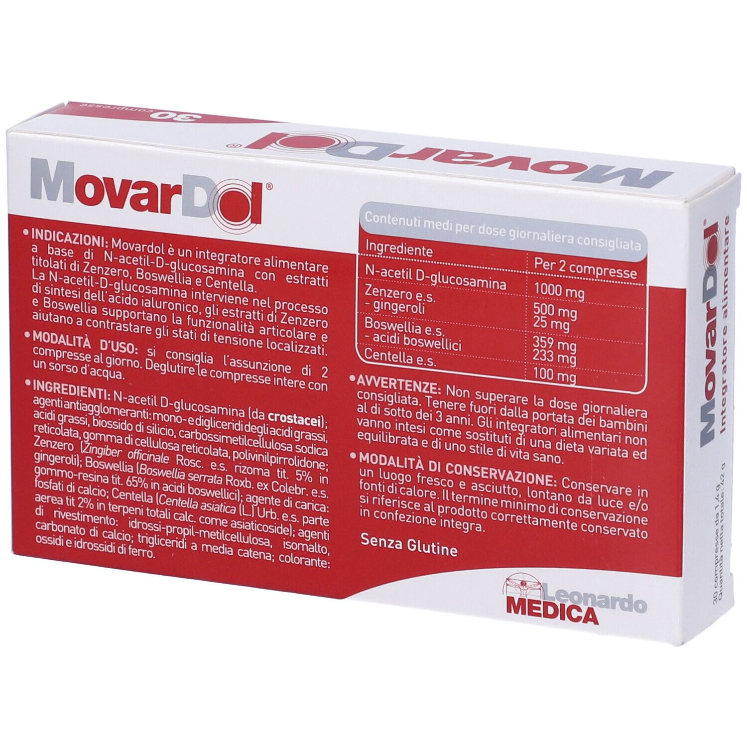 Retro della scatola "Movardol". Contiene informazioni su ingredienti e utilizzo.