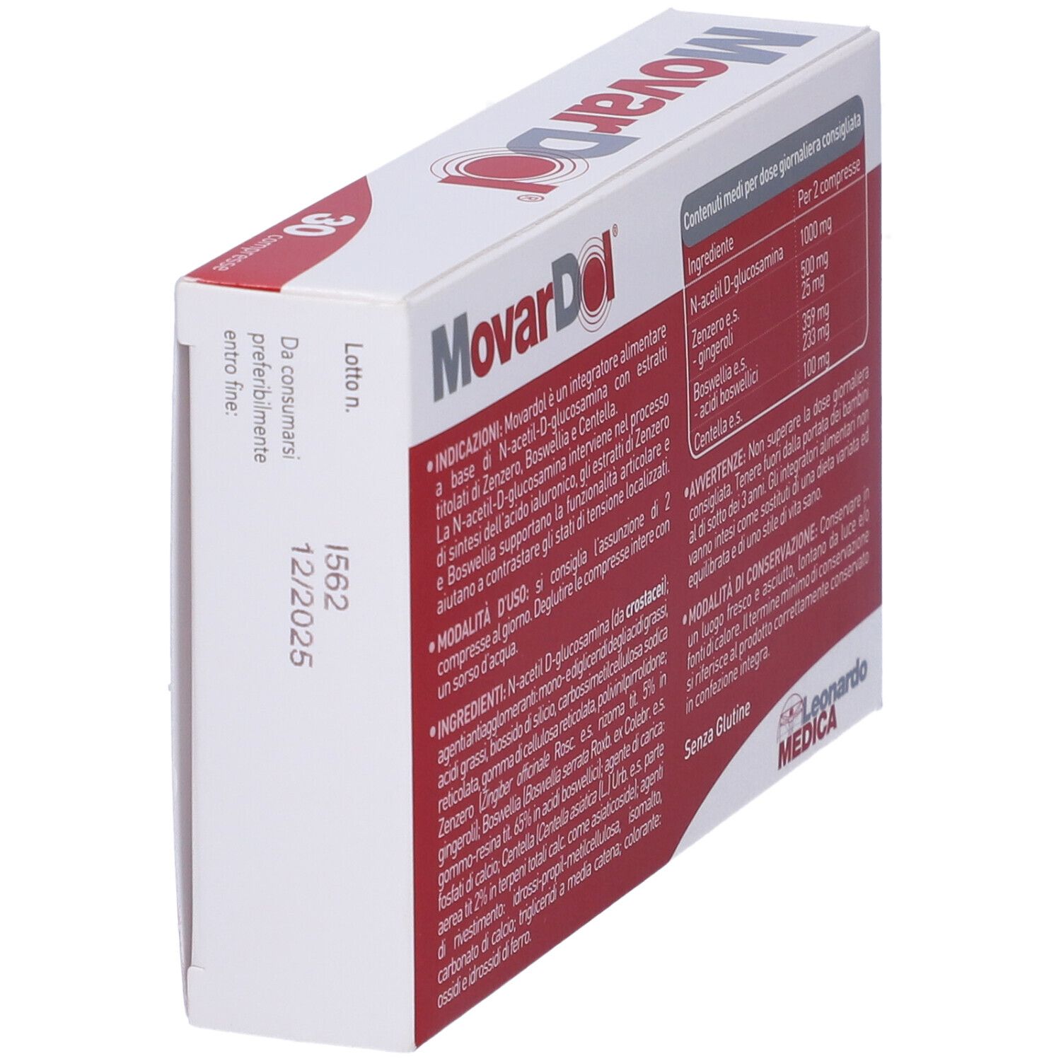 Scatola "Movardol". Contiene informazioni su ingredienti e utilizzo. Scadenza: 12/2025.