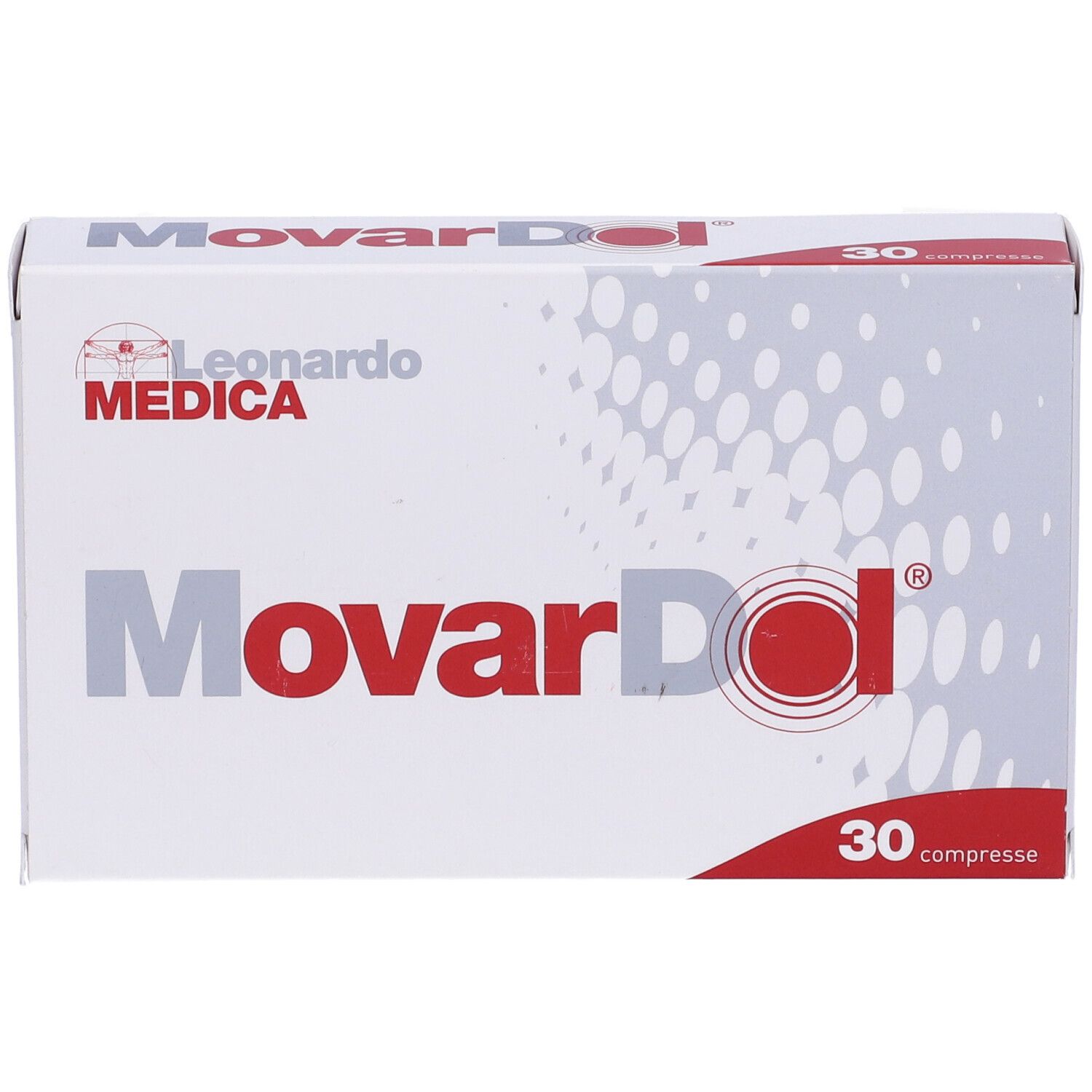 Scatola "Movardol" con "30 compresse". Marchio: Leonardo Medica. Bianco, rosso e punti grigi.