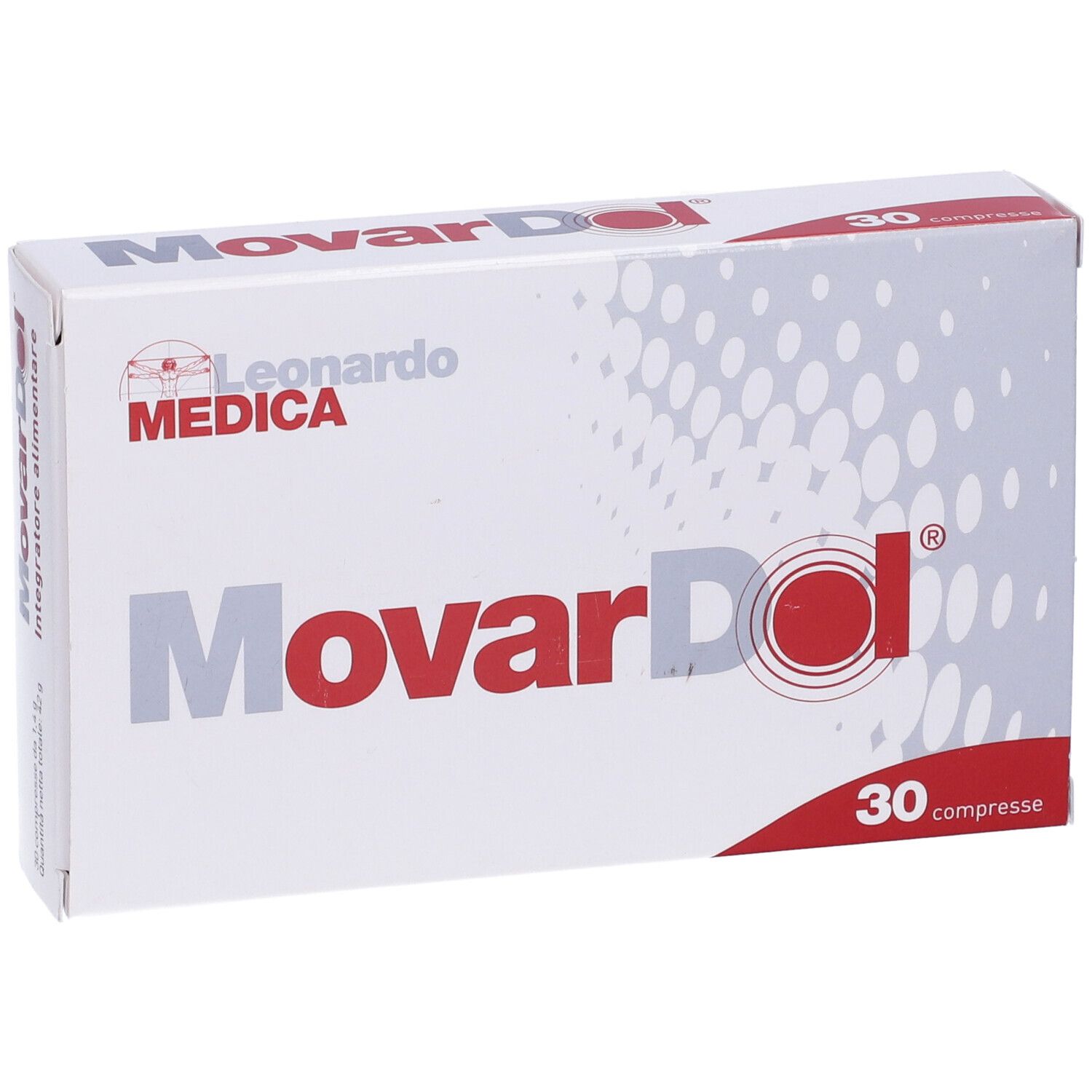 Scatola "Movardol" con "30 compresse". Marchio: Leonardo Medica. Bianco, rosso e grigio.