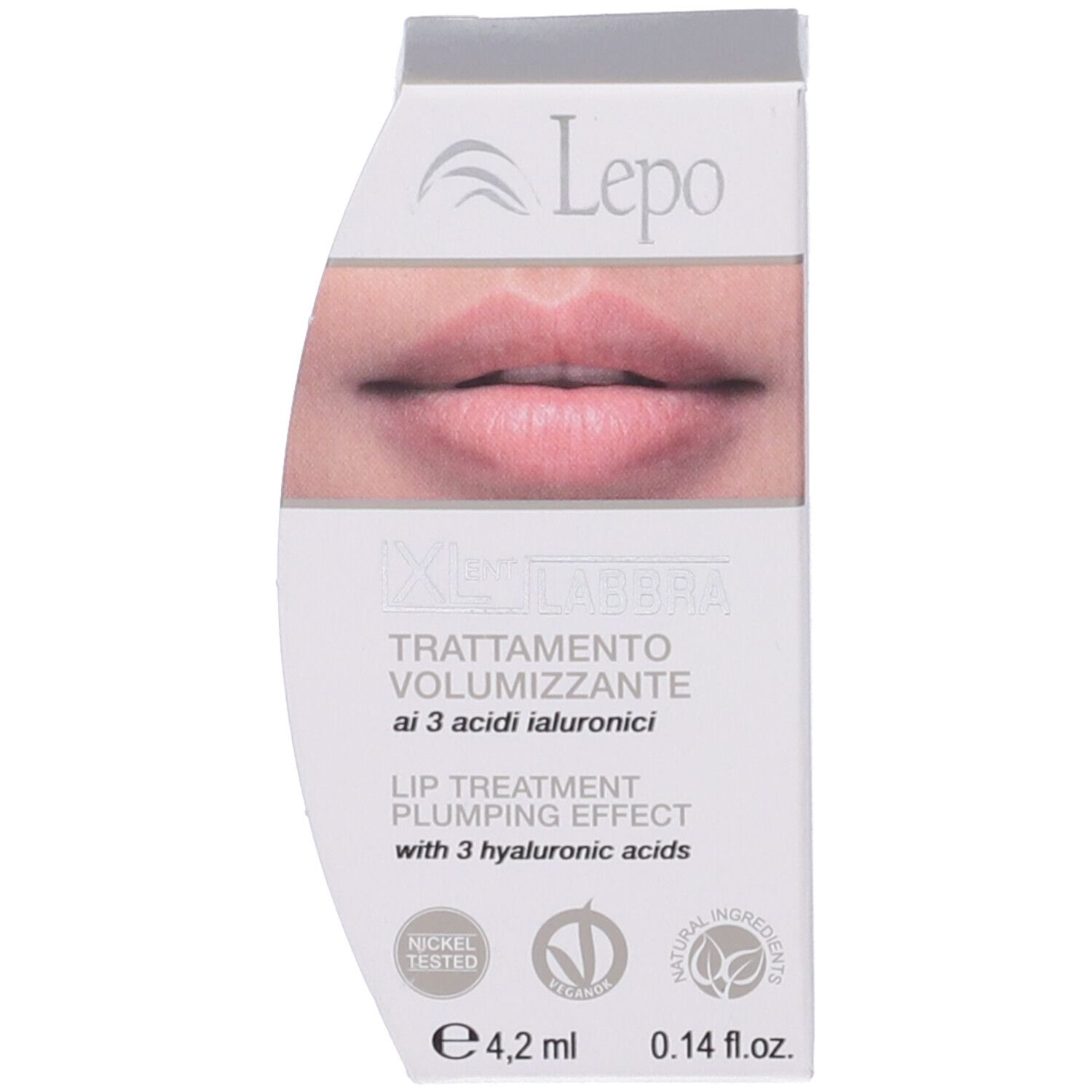 Confezione con immagine e testo. Marchio Lepo. Testo: Trattamento Volumizzante, 3 ac. ialuronici.