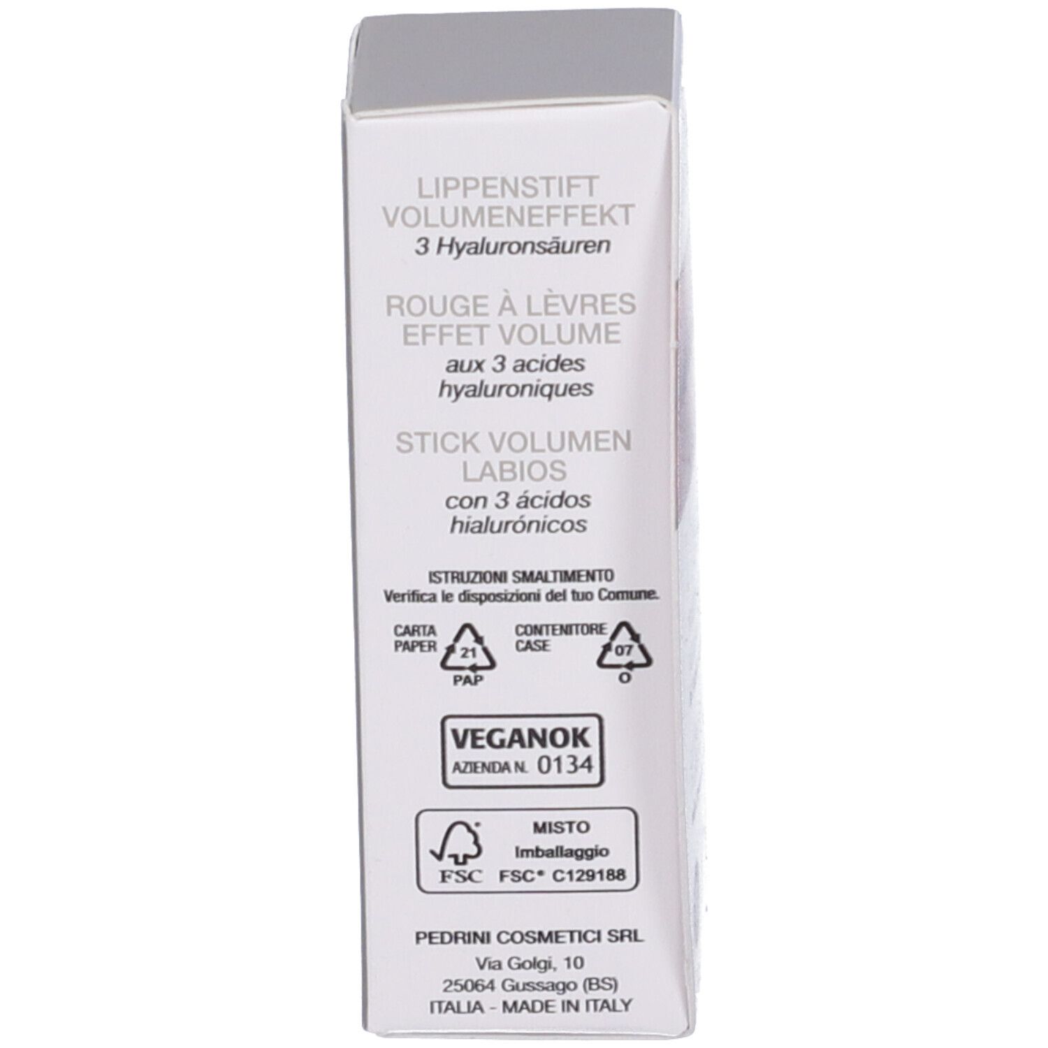 Confezione con testo. Testo: Stick volume labbra, 3 acidi ialuronici. Vegan OK, certificazione FSC.