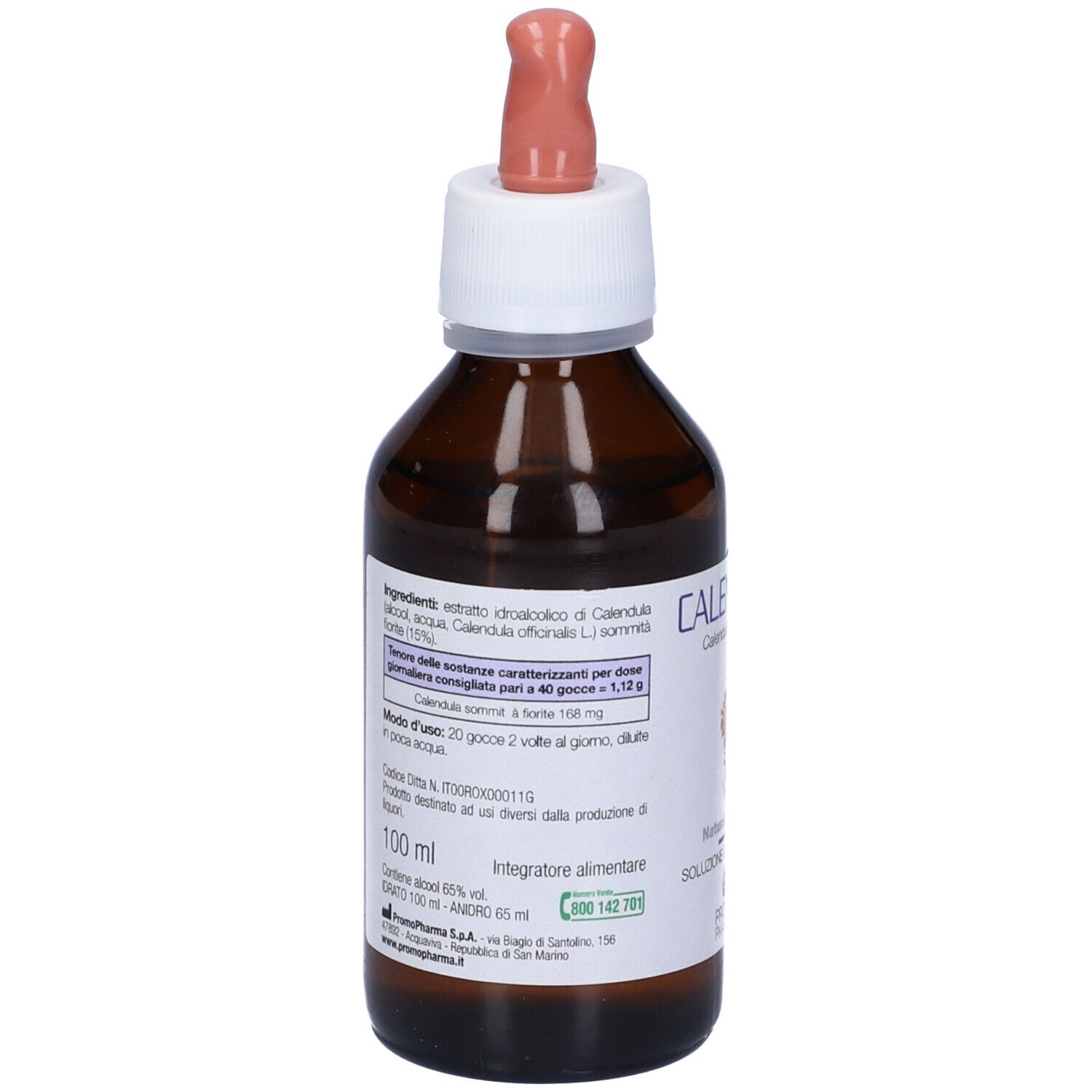 Flacone di vetro marrone con tappo bianco e contagocce. Etichetta con ingredienti e dosaggio. Liquido visibile.