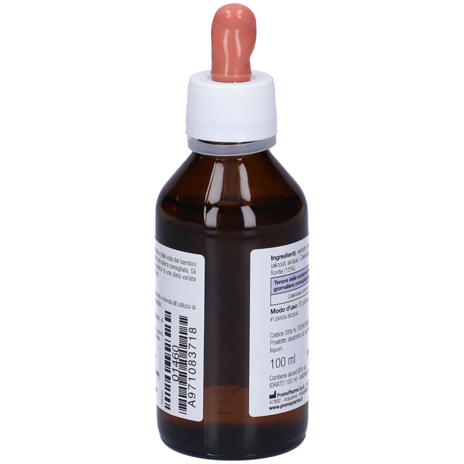 Flacone di vetro marrone con tappo bianco e contagocce. Etichetta con codice a barre e informazioni sul prodotto. Liquido visibile.