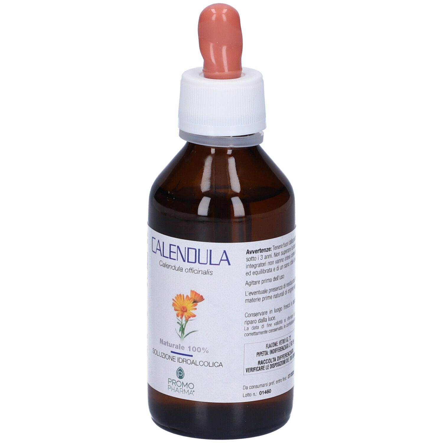 Flacone di vetro marrone con tappo bianco e contagocce. Etichetta con avvertenze e informazioni sul prodotto. Liquido visibile.