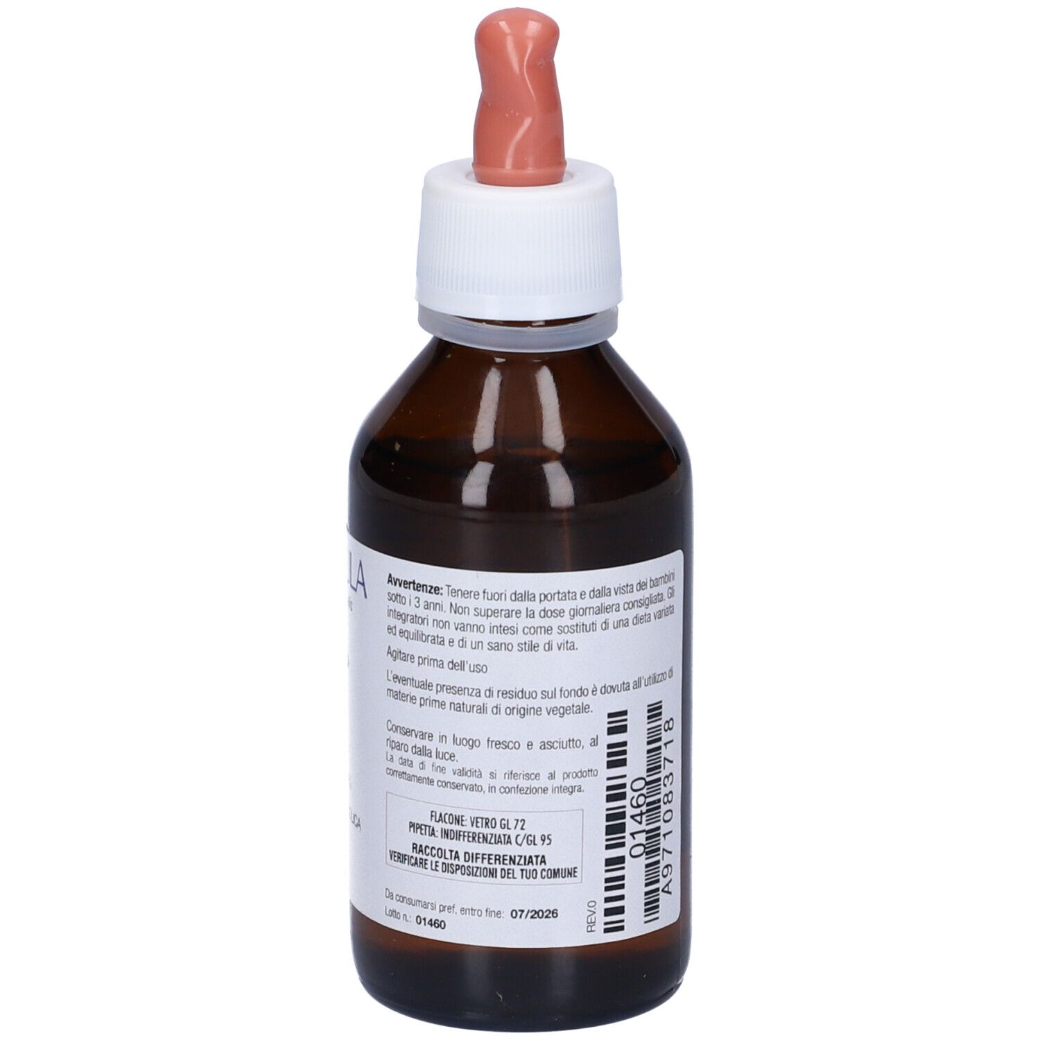 Flacone di vetro marrone con tappo bianco e contagocce. Etichetta con ulteriori informazioni sul prodotto. Liquido visibile.